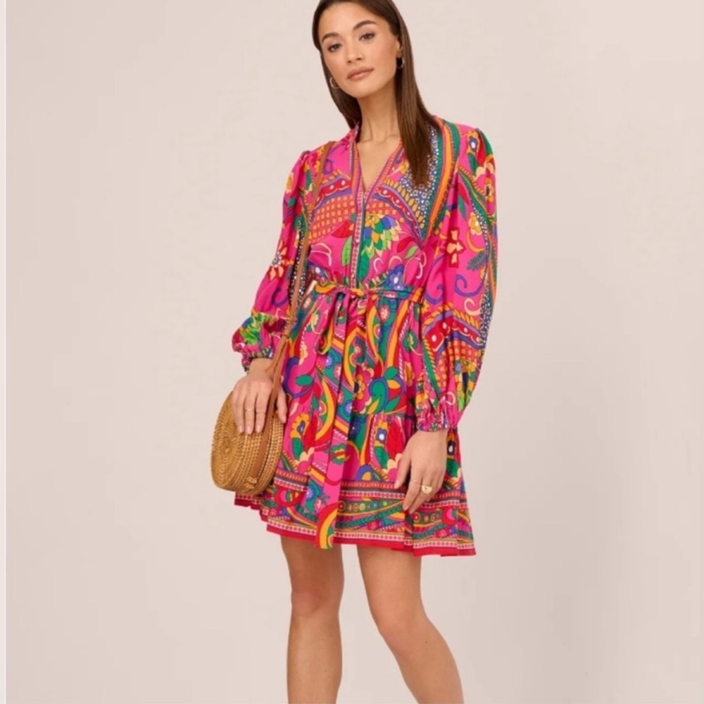 Adrianna Papell Vibrant Boho Psychedelic Print Mini Dress • Long Sleeve Belted